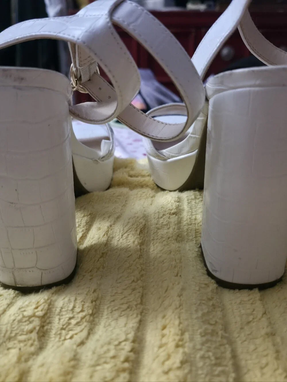 GUESS White Croc-Embossed Ankle Strap Block Heels